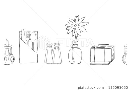 Cafe interior salt pepper fork napkin horizontal seamless border. hand drawn illustration. Vector graphic line ink Black, white art. For poster, flyer, banner, invitation, social media, party or sale 136095060