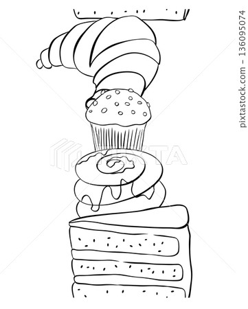 Bakery Pattern. Background with Baking Products and Utensils. vertical seamless border. hand drawn illustration. Vector graphic line ink Black, white art. For logo, web, package, sticker. 136095074