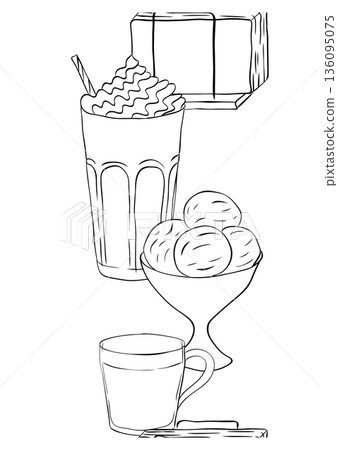 vertical seamless border. hand drawn illustration. Vector graphic line ink Black, white art. Abstract Banner with ice cream, milkshake, coffee, napkin, flower texture for bedsheets, pajamas vertical seamless border. hand drawn illustration. Vector graphic line ink Black, white art. Abstract Banner with ice cream, milkshake, coffee, napkin, flower texture for bedsheets, pajamas 136095075