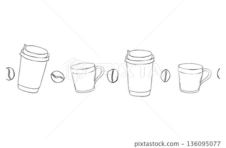 Coffee takeaway, mug, beans horizontal seamless border. hand drawn illustration. Vector graphic line ink Black, white art. pattern. for cafe menu, shop For logo, web, package, sticker. Coffee takeaway, mug, beans horizontal seamless border. hand drawn illustration. Vector graphic line ink Black, white art. pattern. for cafe menu, shop For logo, web, package, sticker. 136095077