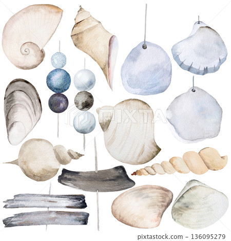 Watercolor coastal set in beige and grey. Seashells, beads and driftwood shapes, wedding design 136095279