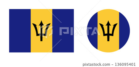 Barbados round, rectangular flags set. Barbados national symbol, icon. Black Trident. Circle, rectangle sticker, badge.  136095401