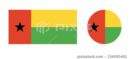 Guinea Bissau rectangular, round flag. Circle, rectangle flag of Guinea Bissau. Set of National Guinea Bissau flag icon, badge, sticker. 136095402