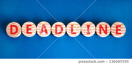 Deadline word symbol. Concept word Deadline on beautiful wooden circles. Beautiful blue background. Business support help deadline word concept. Copy space. Deadline word symbol. Concept word Deadline on beautiful wooden circles. Beautiful blue background. Business support help deadline word concept. Copy space. 136095595