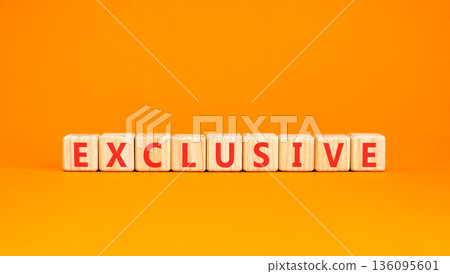 Exclusive symbol. Concept words Exclusive on beautiful wooden blocks. Beautiful orange background. Business support exclusive concept. Copy space. Exclusive symbol. Concept words Exclusive on beautiful wooden blocks. Beautiful orange background. Business support exclusive concept. Copy space. 136095601