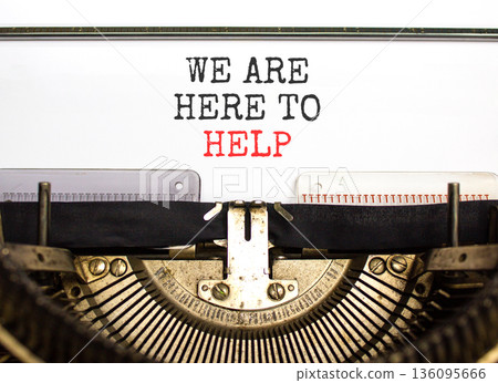 Support, help and we are here to help symbol. Concept words We are here to help typed on beautiful old retro typewriter. Beautiful white background. Business we are here to help concept. Copy space. Support, help and we are here to help symbol. Concept words We are here to help typed on beautiful old retro typewriter. Beautiful white background. Business we are here to help concept. Copy space. 136095666