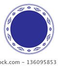 Blue round border frame plate deco vector label. Decorative design element. Template for textiles, engraving, forging, embroider, plate, porcelain, ceramic. Vector illustration 136095853