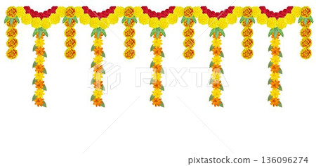 Marigold flower garland decoration backdrop for Indian Holiday festival Marigold flower garland decoration backdrop for Indian Holiday festival 136096274