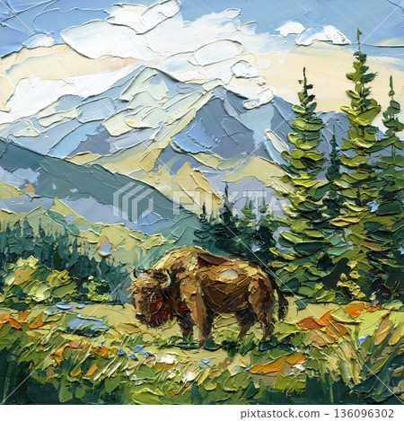 Bison in mountain meadow impasto oil painting wild animal landscape with pine trees and alpine hills Bison in mountain meadow impasto oil painting wild animal landscape with pine trees and alpine hills 136096302