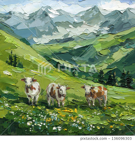 Cows in green mountain valley impasto oil painting rural farm animals with rolling hills landscape Cows in green mountain valley impasto oil painting rural farm animals with rolling hills landscape 136096303
