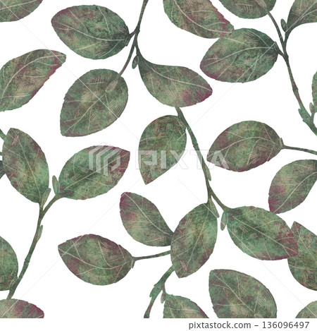 Plant branches, leaves, seamless pattern in muted tones of green, brown. Simple flat style hand drawn. Watercolor, pastel, pencil. For product design Plant branches, leaves, seamless pattern in muted tones of green, brown. Simple flat style hand drawn. Watercolor, pastel, pencil. For product design 136096497
