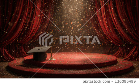 A round red stage with velvet curtains, gold confetti and a graduation cap on the podium. Graduation banner with copy space 136096499