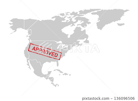 Outline of the continent of North America with red lettering saying APPROVED for USA. Grunge red approved stamp 136096506