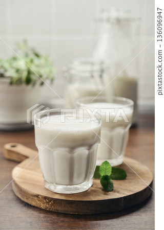 Two glasses of Turkish traditional drink ayran, kefir or buttermilk 136096947