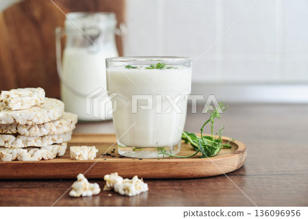 Homemade natural kefir or ayran with rice cakes Homemade natural kefir or ayran with rice cakes 136096956