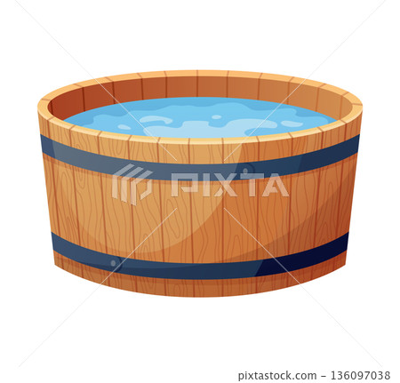 Wooden bath. Wood tub, cartoon rustic water bath barrel for public sauna traditional banya or onsen japanese hot spring, wellness relaxing bathtub basin neat vector illustration of tub bath wooden Wooden bath. Wood tub, cartoon rustic water bath barrel for public sauna traditional banya or onsen japanese hot spring, wellness relaxing bathtub basin neat vector illustration of tub bath wooden 136097038