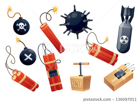 Dynamite and bombs. Cartoon military explosive devices, military grenade and tnt bomb with timer fuse, danger bang firecracker. Vector isolated set. Terrorism and violence objects concept Dynamite and bombs. Cartoon military explosive devices, military grenade and tnt bomb with timer fuse, danger bang firecracker. Vector isolated set. Terrorism and violence objects concept 136097051