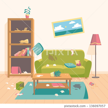 Dirty living room. Messy apartment with old broken furniture and clutter, neat interior with new sofa and shelves, cleaning service, cartoon flat style isolated vector concept 136097057