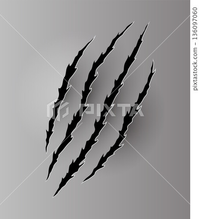 Bear or tiger claw mark. Scratches and torn traces of vector animal paw slashes. Hole in sheet of paper with torn edges. Vector illustration Bear or tiger claw mark. Scratches and torn traces of vector animal paw slashes. Hole in sheet of paper with torn edges. Vector illustration 136097060