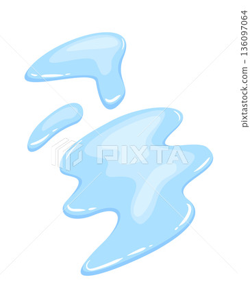 Water spill puddle. Blue liquid shape in flat cartoon style. Clean fluid drop design element isolated on white background Water spill puddle. Blue liquid shape in flat cartoon style. Clean fluid drop design element isolated on white background 136097064