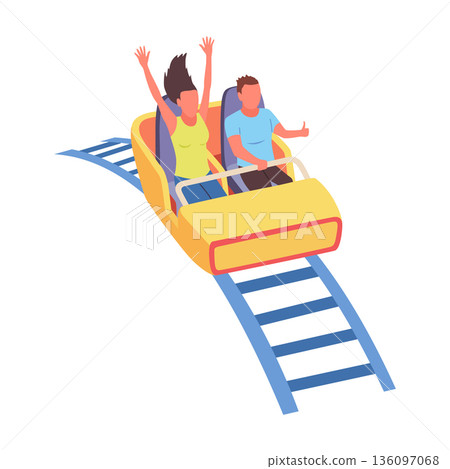 Roller coaster happy people. Rollercoaster. Friends riding in amusement park have fun positive emotion, park attractions. Young people having fun and enjoyment, cartoon vector illustration 136097068