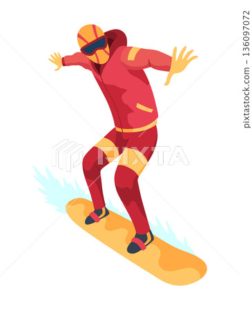 Man on mountain ski resort. Winter web banner design element. Sport on vacations or winter activity. Sports descent on snowboard in mountains hills. Vector cartoon illustration 136097072