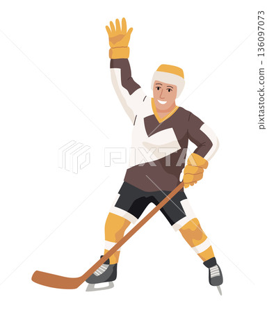 Ice hockey player. Athletes in uniform, dynamic pose, team sports on ice, winter game, forward, cartoon flat style isolated vector Ice hockey player. Athletes in uniform, dynamic pose, team sports on ice, winter game, forward, cartoon flat style isolated vector 136097073