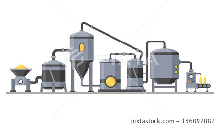 Brewery. Vintage brewing machine concept with tubes and copper tanks. Beer making process equipment, machinery symbol suitable for game asset, infographic or book print. Isolated vector illustration Brewery. Vintage brewing machine concept with tubes and copper tanks. Beer making process equipment, machinery symbol suitable for game asset, infographic or book print. Isolated vector illustration 136097082