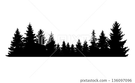 Fir trees silhouette. Coniferous spruce horizontal background pattern, black evergreen woods vector illustration. Beautiful hand drawn panorama of coniferous forest Fir trees silhouette. Coniferous spruce horizontal background pattern, black evergreen woods vector illustration. Beautiful hand drawn panorama of coniferous forest 136097096