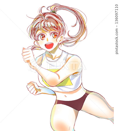 Smiling girl running in track and field uniform, no sweat Smiling girl running in track and field uniform, no sweat 136097110