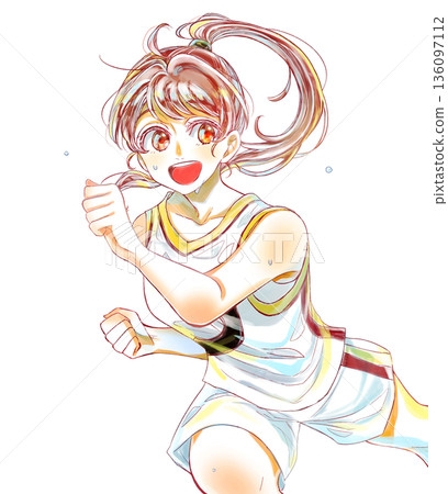 Smiling girl running in a basketball uniform, sweating Smiling girl running in a basketball uniform, sweating 136097112