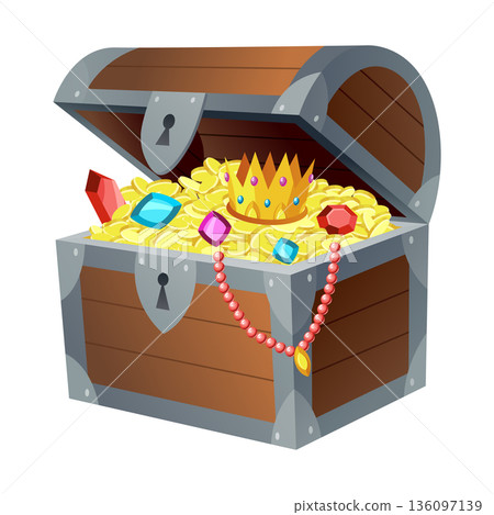 Treasure gold coins. Chest full of shiny royal gold and gemstones. Gold treasure, shiny savings, golden coins isolated on white background. Vector cartoon icon Treasure gold coins. Chest full of shiny royal gold and gemstones. Gold treasure, shiny savings, golden coins isolated on white background. Vector cartoon icon 136097139