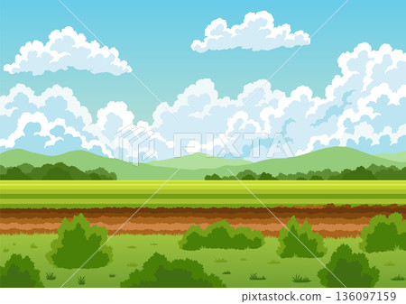 Agriculture farming landscape. Countryside land. Plowing the field on rural landscape background. Farm life, soil cultivation. Vector cartoon illustration 136097159