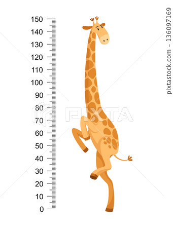 Funny giraffe. Cheerful funny giraffe with long neck. Giraffe meter wall or height chart or wall sticker. Illustration with scale from 0 to 150 centimeter to measure growth Funny giraffe. Cheerful funny giraffe with long neck. Giraffe meter wall or height chart or wall sticker. Illustration with scale from 0 to 150 centimeter to measure growth 136097169