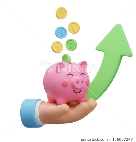 3d illustration of a piggy bank with a rising arrow graph, symbolizing financial growth, smart savings, and investment success 136097247