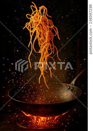熱騰騰的蕎麥麵從炒鍋裡飄出來，在空中翻騰。 136097296