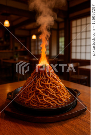 Piping hot fried noodles piled high like a volcano with flames rising from them 136097297