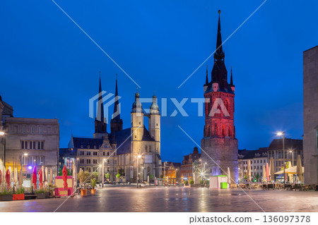 Marktplatz square at dusk in Halle, Germany Marktplatz square at dusk in Halle, Germany 136097378