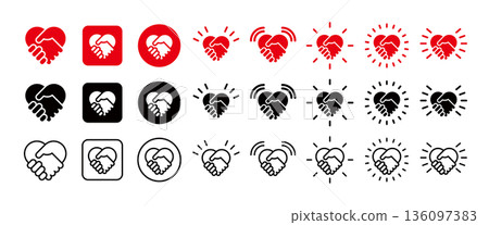 握手愛心圖標集，代表合作、慈善、協議和愛的標誌，握手愛心 136097383