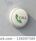 A white round platform features a green handset icon and the word CALL, symbolizing phone contact, communication, and starting a call. Ideal for telecom, customer service, and digital connectivity vis 136097389