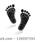 A bold black footprint silhouette on a clean white background, casting a soft shadow 136097391