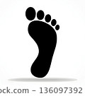 A bold black footprint silhouette on a clean white background, casting a soft shadow. Ideal for branding, fitness, health, movement, and progress concepts across logos and design projects. 136097392
