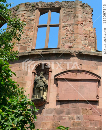 Ancient Stone Ruins of Heidelberg Castle with Statue and Inscription Ancient Stone Ruins of Heidelberg Castle with Statue and Inscription 136097546