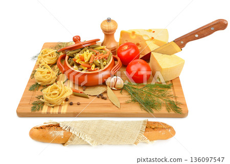 Rustic Cooking Composition with Raw Pasta Herbs and Fresh Baguette Rustic Cooking Composition with Raw Pasta Herbs and Fresh Baguette 136097547