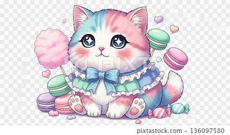 A cute and dreamy cat surrounded by sweets 136097580