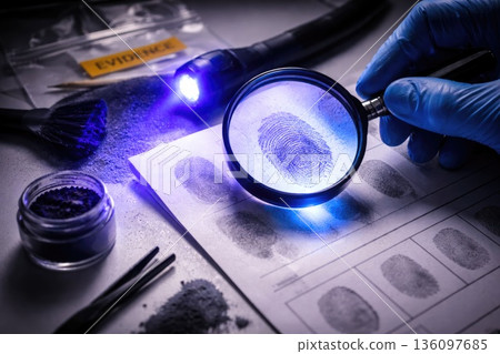 Forensic Fingerprint Analysis Under UV Light in Crime Investigation Lab Forensic Fingerprint Analysis Under UV Light in Crime Investigation Lab 136097685