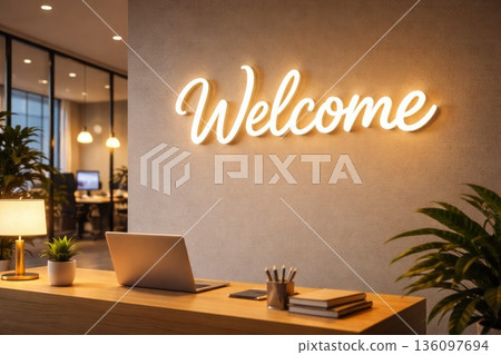 Modern Office Reception Desk with Glowing Welcome Sign on Wall Modern Office Reception Desk with Glowing Welcome Sign on Wall 136097694