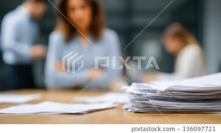 Stressed Businesswoman Working with Paperwork in Busy Office Stressed Businesswoman Working with Paperwork in Busy Office 136097721