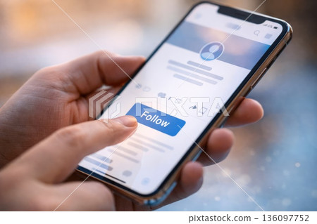 Smartphone Screen with Social Media Follow Button Close Up Smartphone Screen with Social Media Follow Button Close Up 136097752