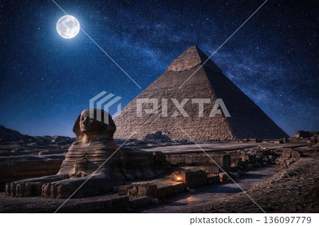 Great Pyramid and Sphinx Under Starry Night Sky with Full Moon in Egypt 136097779